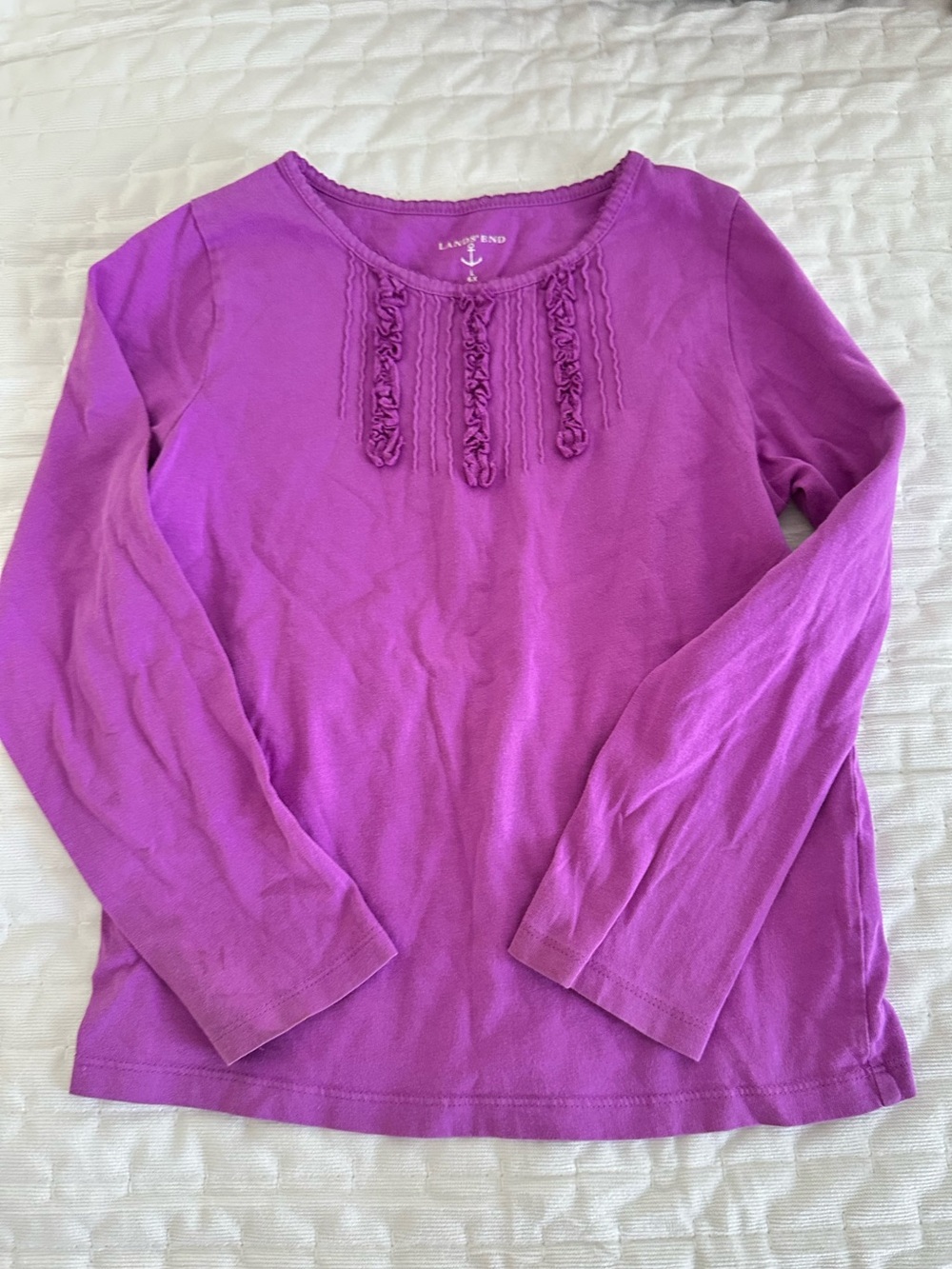 Lands' End girls Long Sleeve Ruffle-Trim Tee in  Purple size 6x